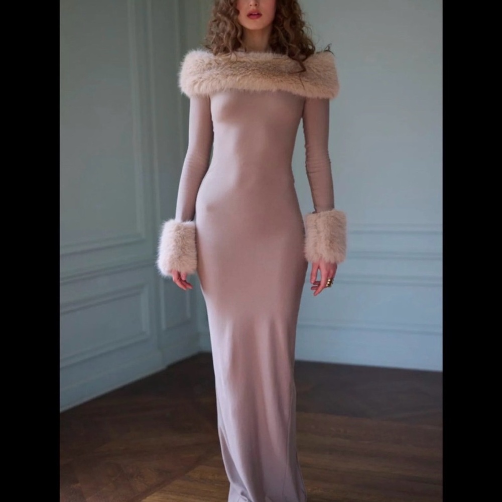 Selkie Beige Maxi Dress with Faux Fur Trim